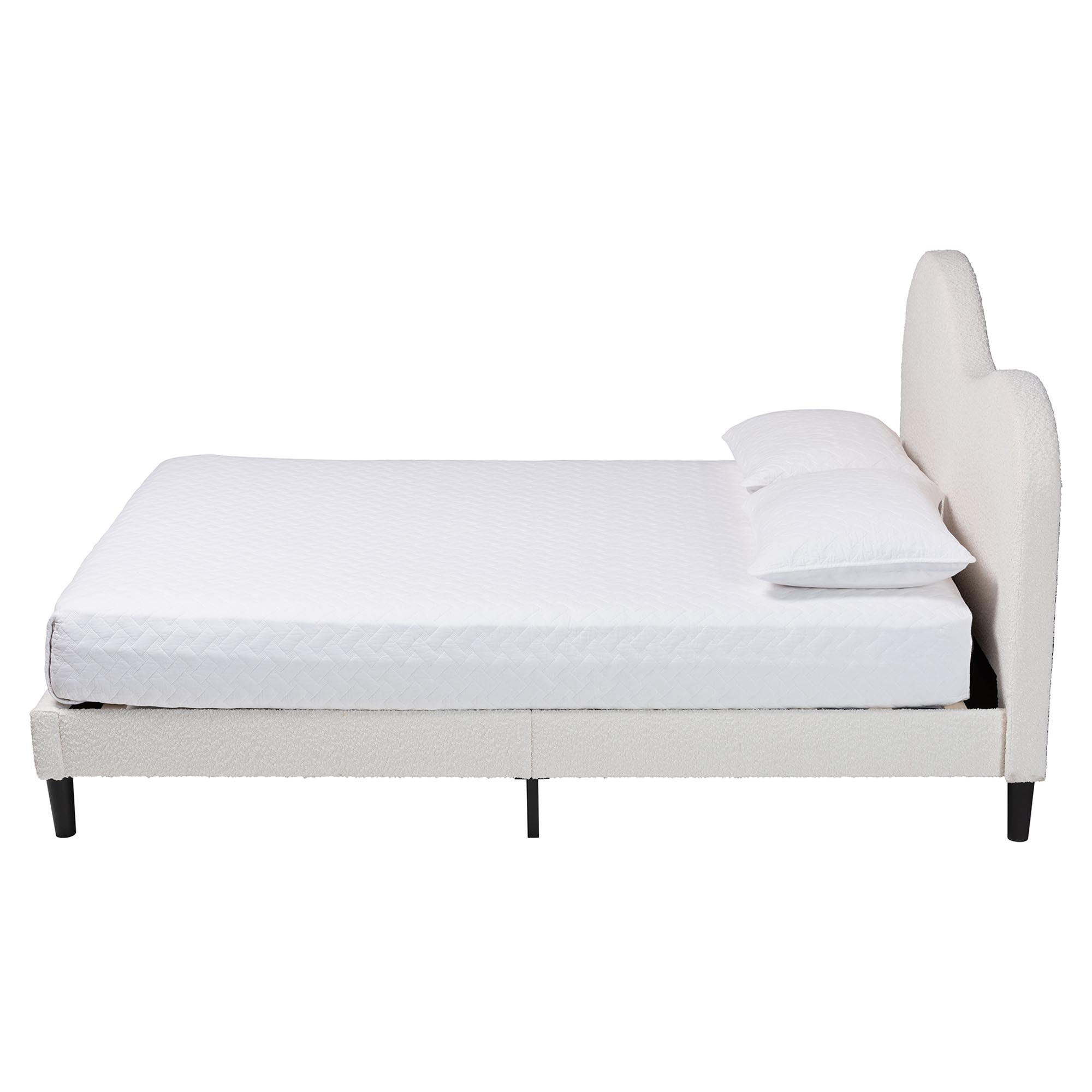 Dalton Boucle Upholstered Platform Bed - Soft Fabric Queen Size Bed Frame with Headboard, Minimalist Design, Cream