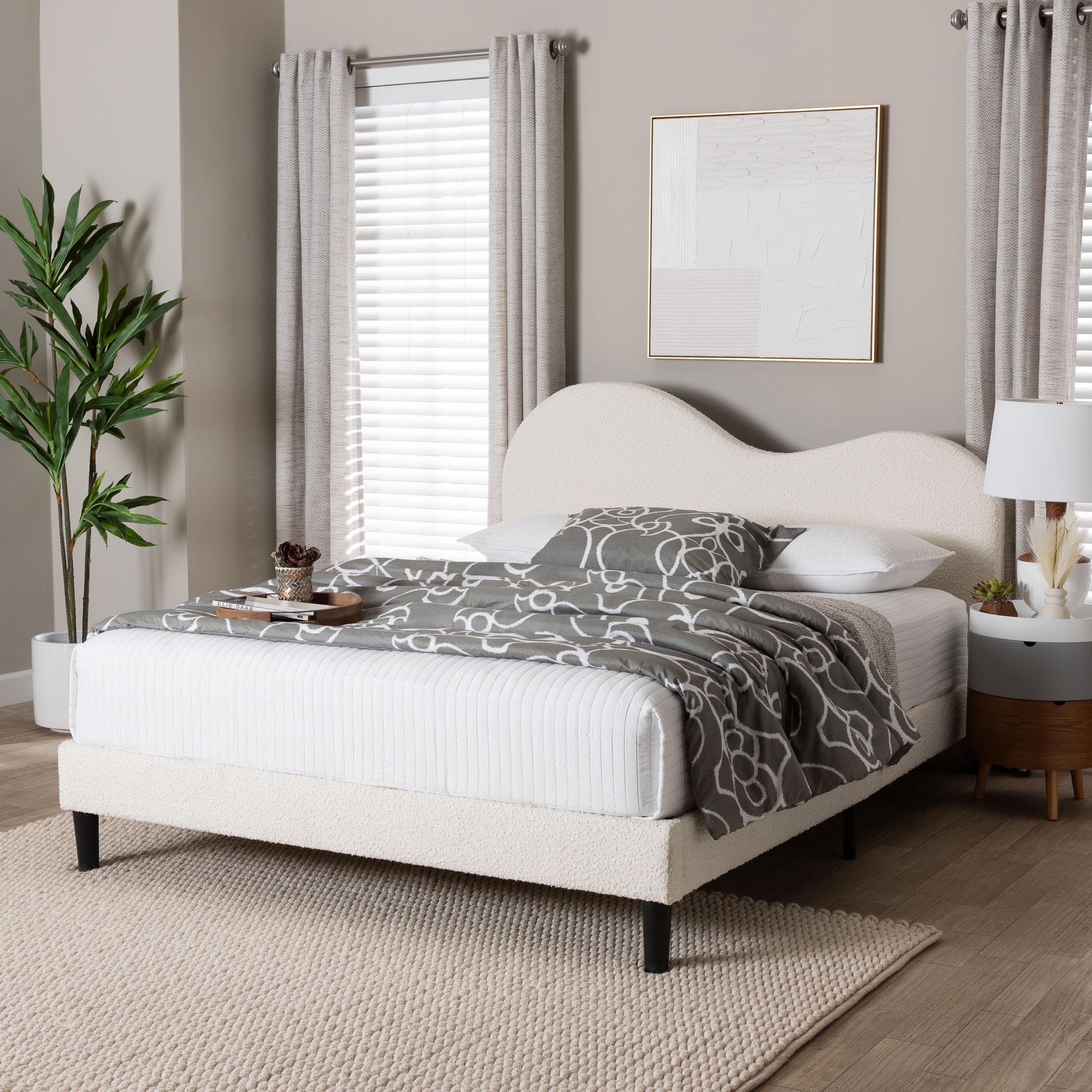 Dalton Boucle Upholstered Platform Bed - Soft Fabric Queen Size Bed Frame with Headboard, Minimalist Design, Cream