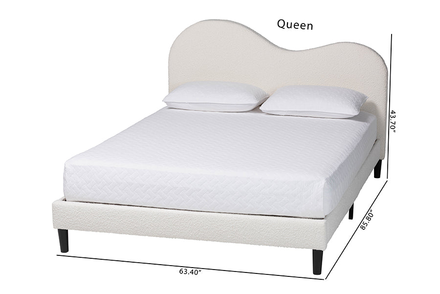Dalton Boucle Upholstered Platform Bed - Soft Fabric Queen Size Bed Frame with Headboard, Minimalist Design, Cream