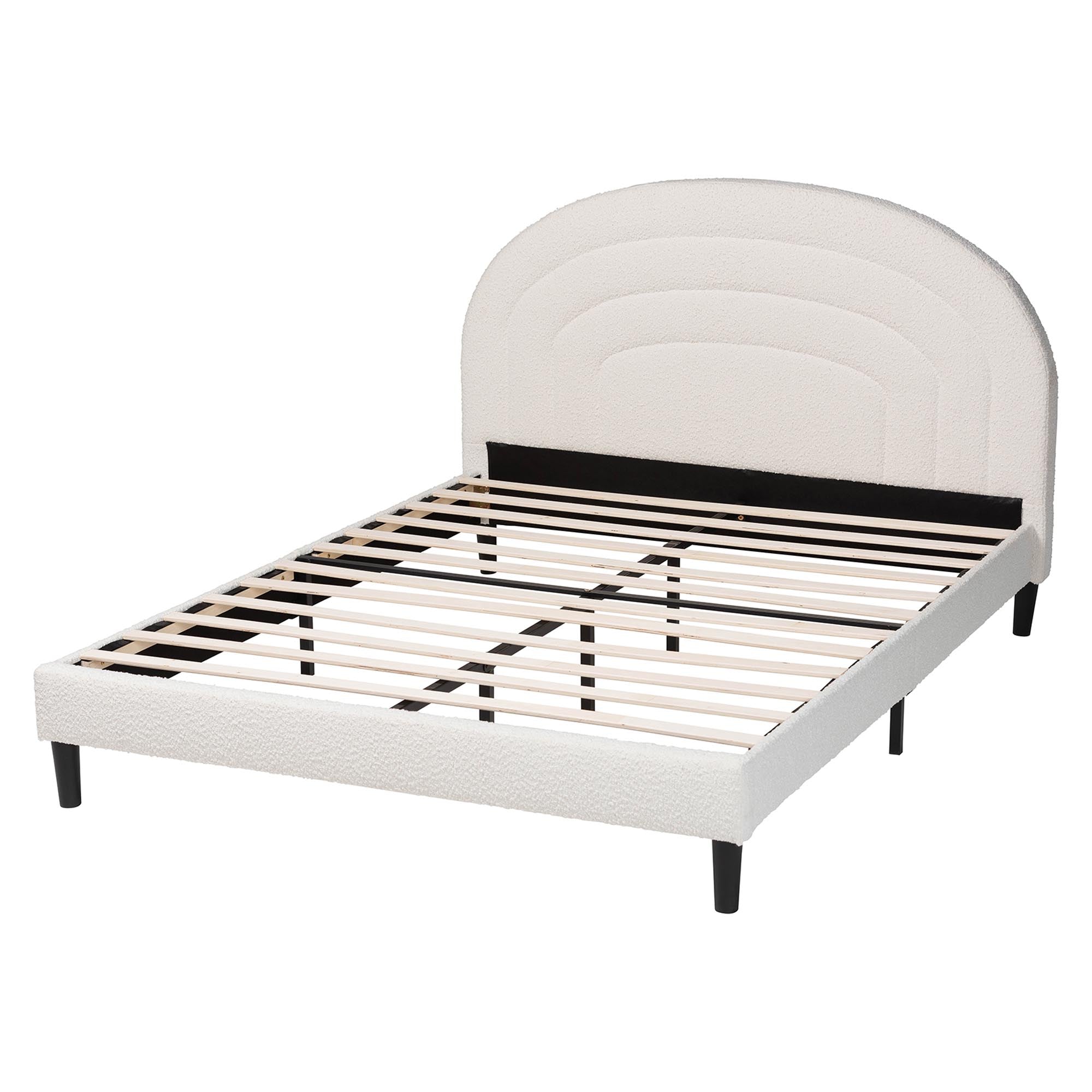 Pelagia Boucle Upholstered Platform Bed - Soft Fabric Queen Size Bed Frame with Padded Headboard, Minimalist Design, Cream
