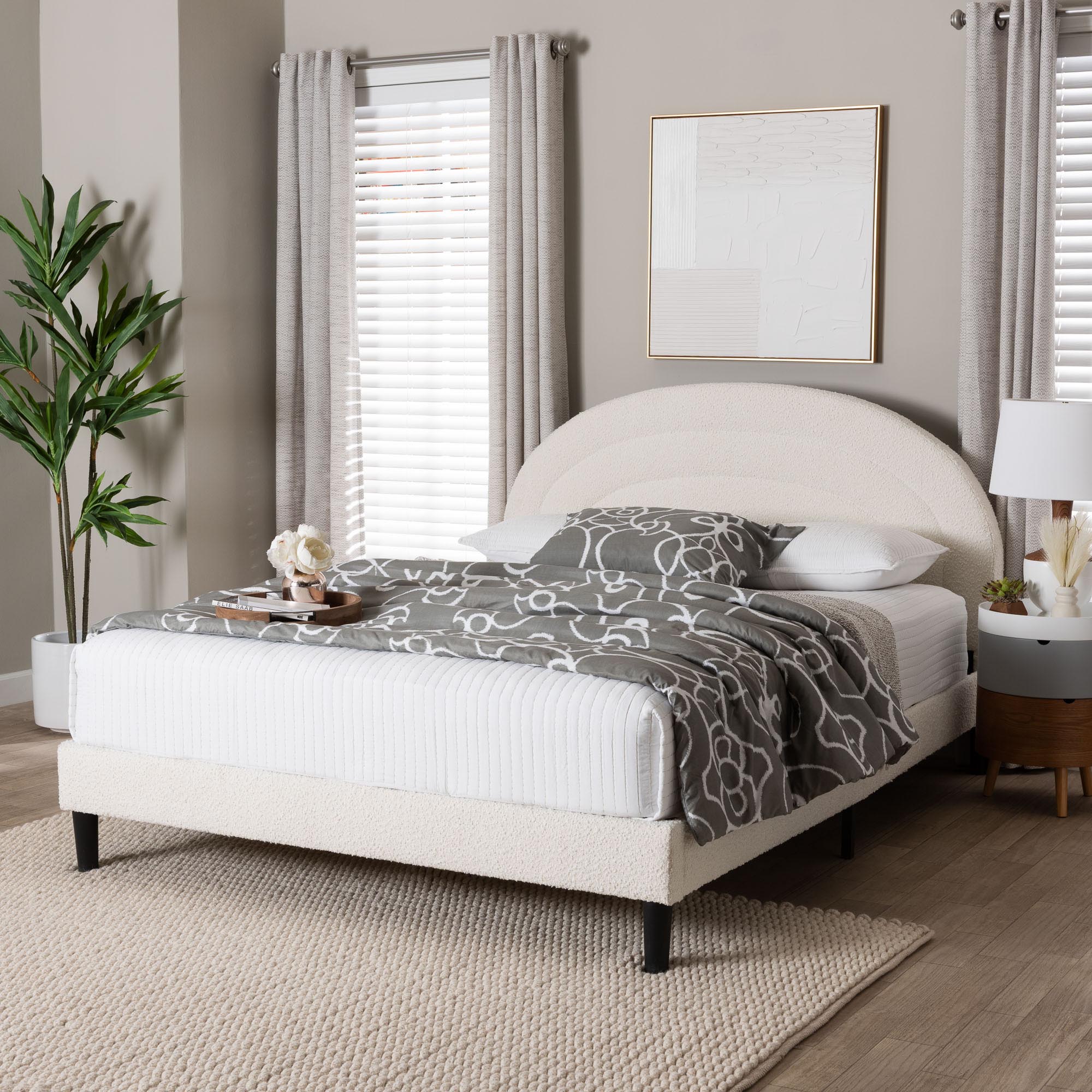 Pelagia Boucle Upholstered Platform Bed - Soft Fabric Queen Size Bed Frame with Padded Headboard, Minimalist Design, Cream
