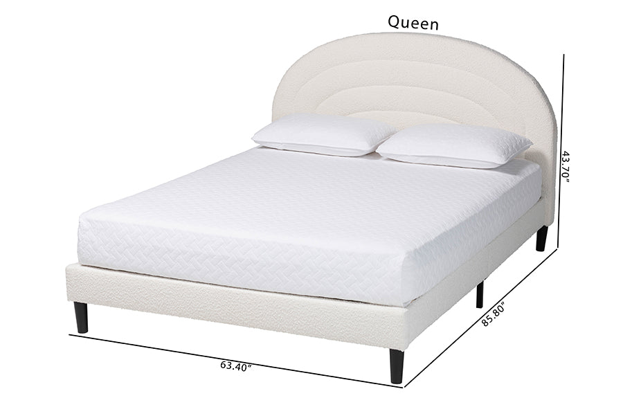 Pelagia Boucle Upholstered Platform Bed - Soft Fabric Queen Size Bed Frame with Padded Headboard, Minimalist Design, Cream