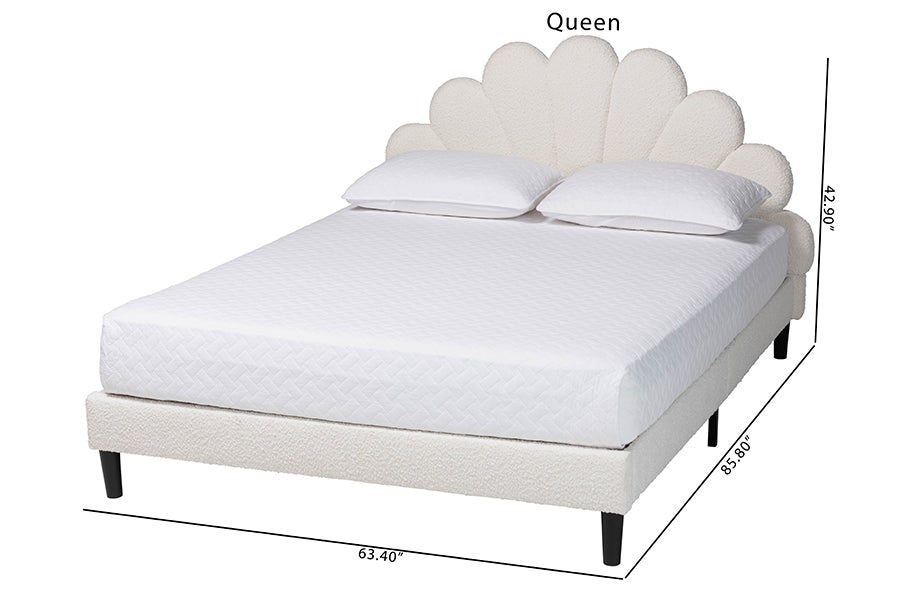Albion Boucle Upholstered Platform Bed - Soft Fabric Queen Size Bed Frame with Padded Headboard, Minimalist Design, Cream