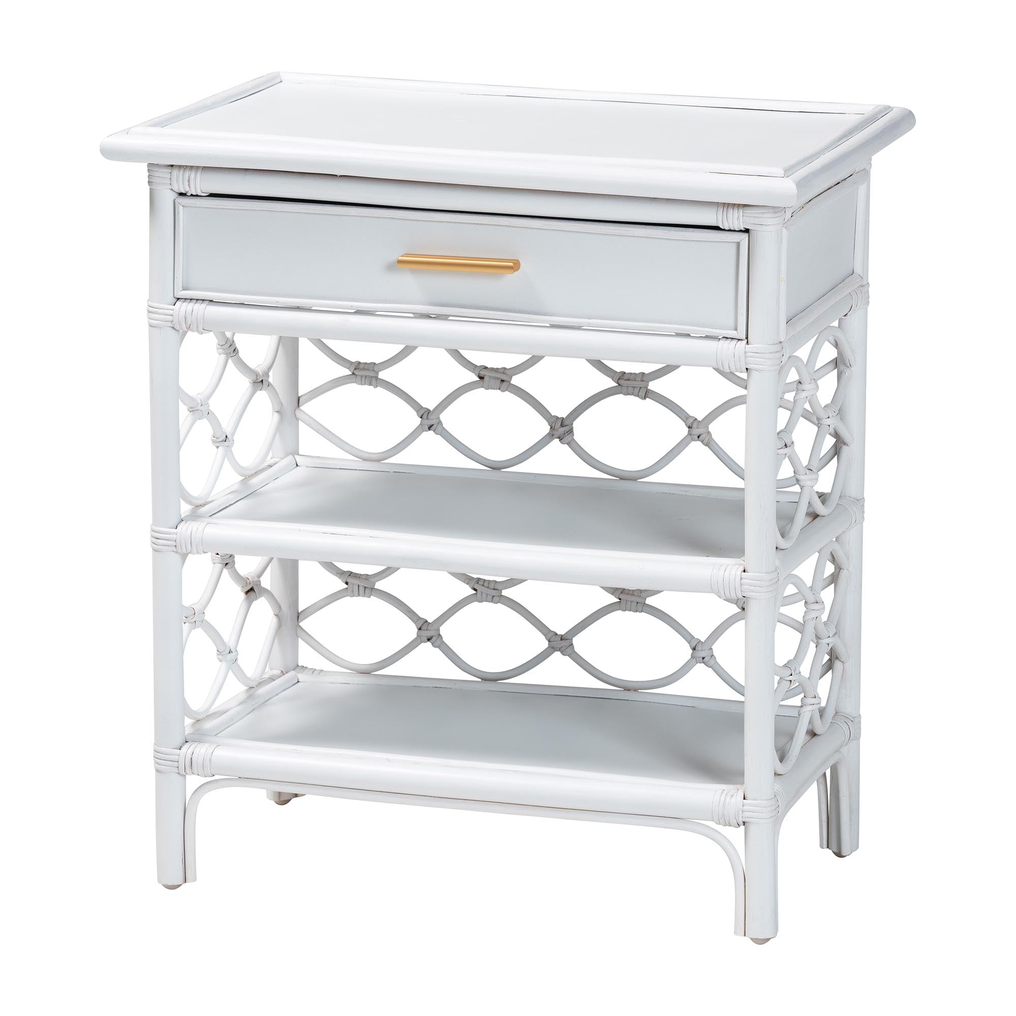 Akane Natural Rattan Nightstand with Drawer and Open Shelves - Coastal Bedside Table with Lattice Design, White