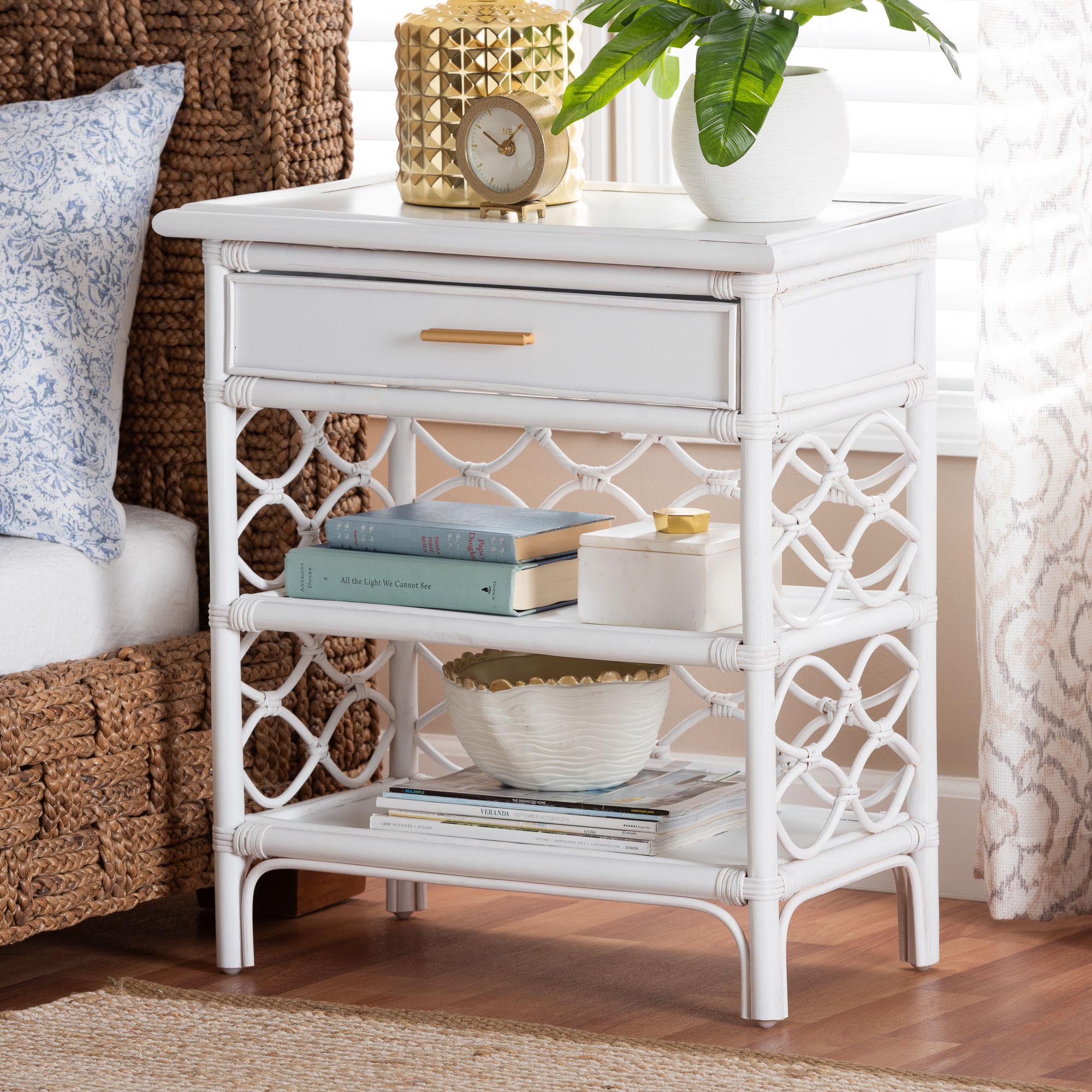 Akane Natural Rattan Nightstand with Drawer and Open Shelves - Coastal Bedside Table with Lattice Design, White
