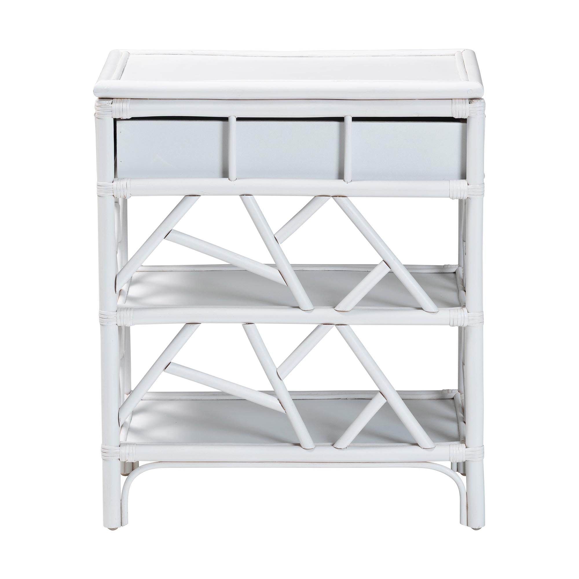 Daina Natural Rattan Nightstand with Drawer and Open Shelves- Coastal Bedside Table with Geometric Design, White