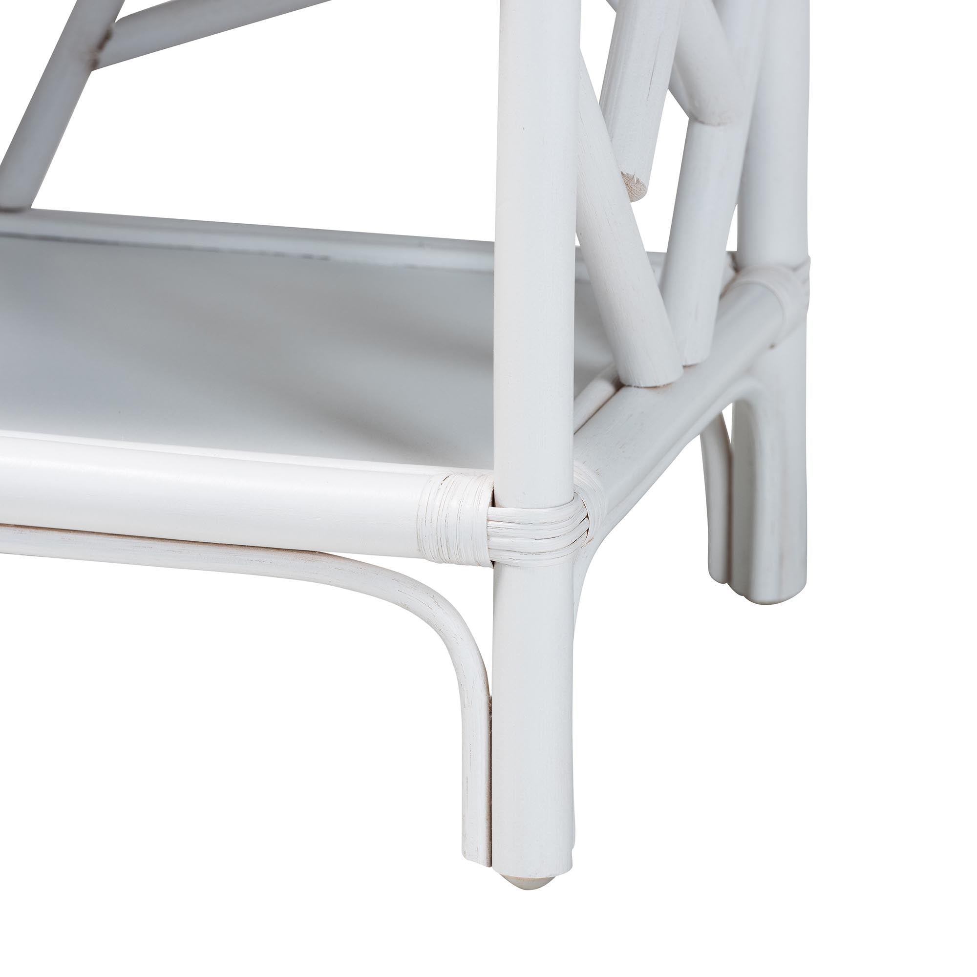 Daina Natural Rattan Nightstand with Drawer and Open Shelves- Coastal Bedside Table with Geometric Design, White