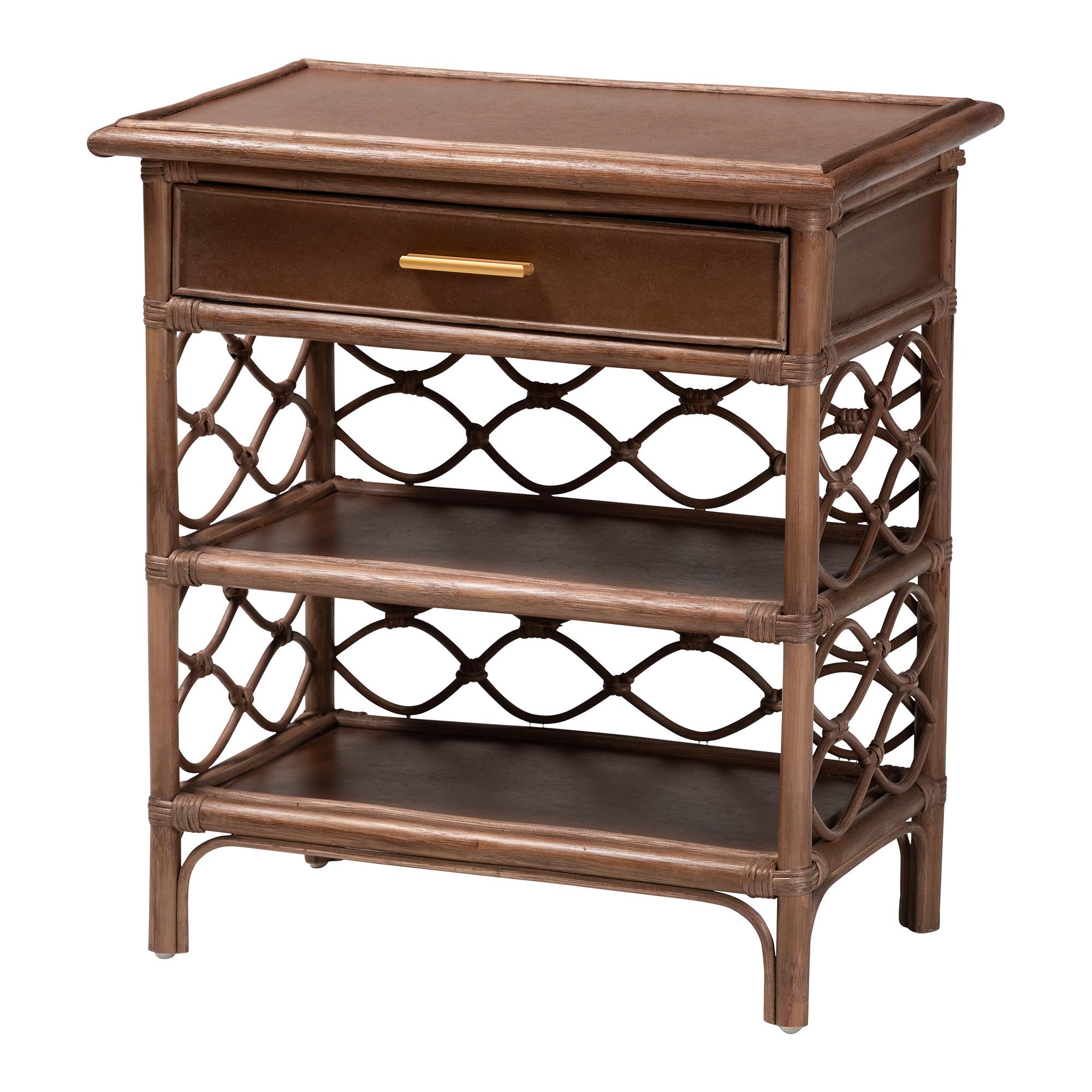 Akane Natural Rattan Nightstand with Drawer and Open Shelves - Coastal Bedside Table with Lattice Design, Brown