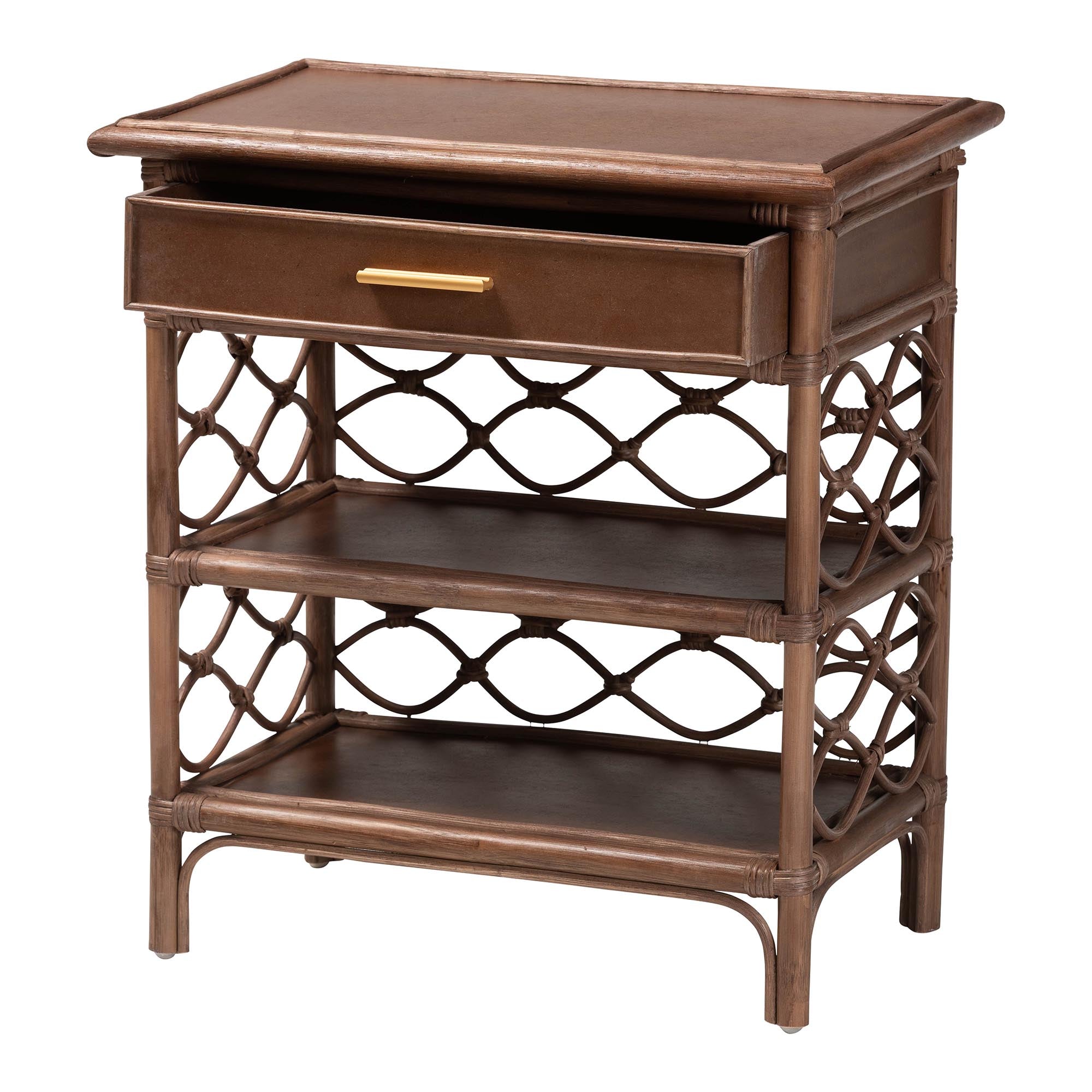Akane Natural Rattan Nightstand with Drawer and Open Shelves - Coastal Bedside Table with Lattice Design, Brown