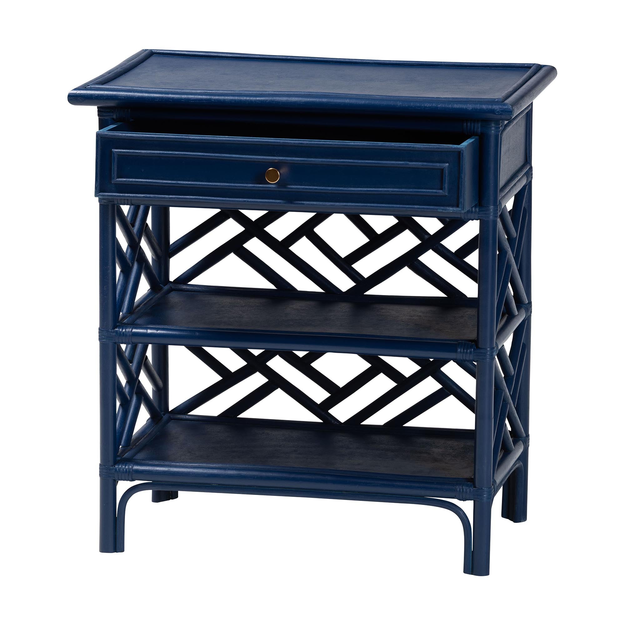 bali & pari Tiaret Natural Rattan Nightstand with Drawer and Shelves - Chippendale-Style Bedside Table for Bedroom or Coastal Living Spaces, Blue