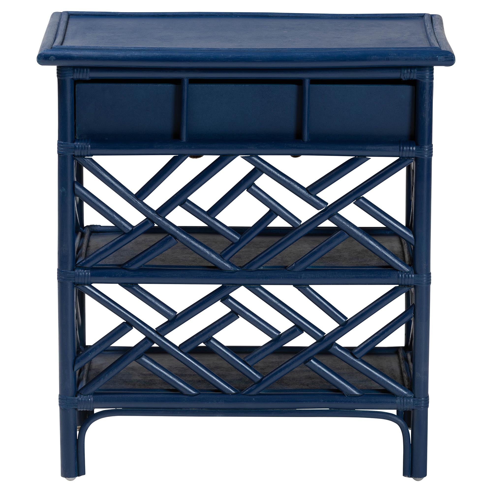 bali & pari Tiaret Natural Rattan Nightstand with Drawer and Shelves - Chippendale-Style Bedside Table for Bedroom or Coastal Living Spaces, Blue