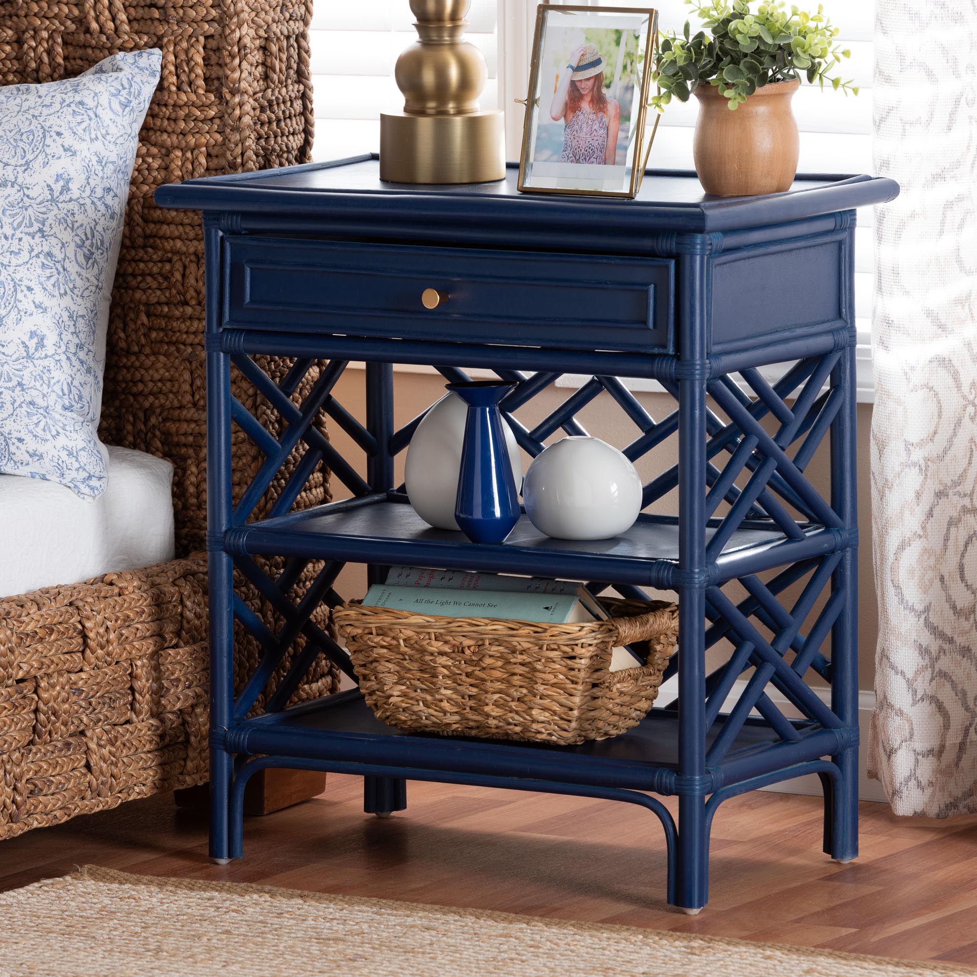 bali & pari Tiaret Natural Rattan Nightstand with Drawer and Shelves - Chippendale-Style Bedside Table for Bedroom or Coastal Living Spaces, Blue