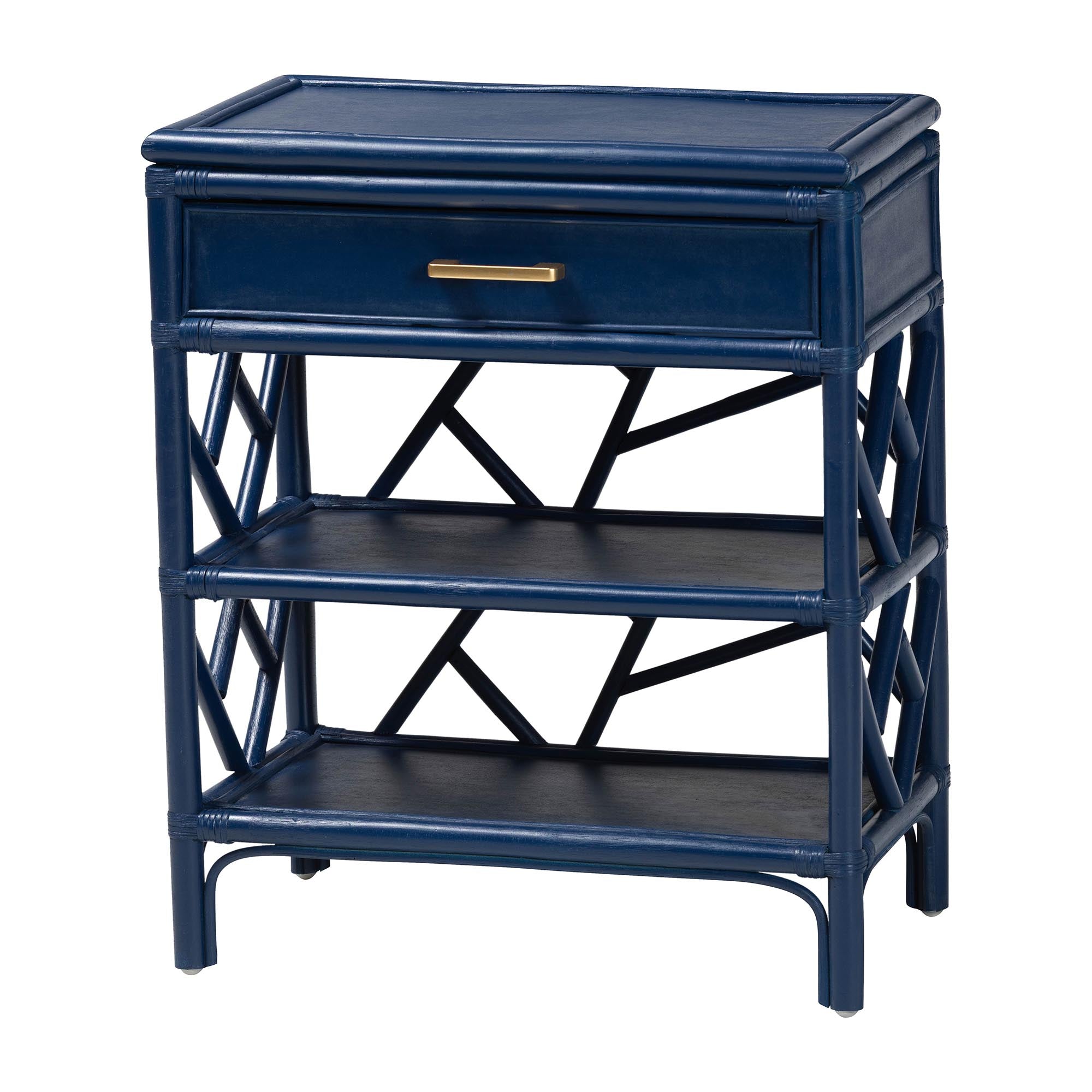 Daina Natural Rattan Nightstand with Drawer and Open Shelves- Coastal Bedside Table with Geometric Design, Blue