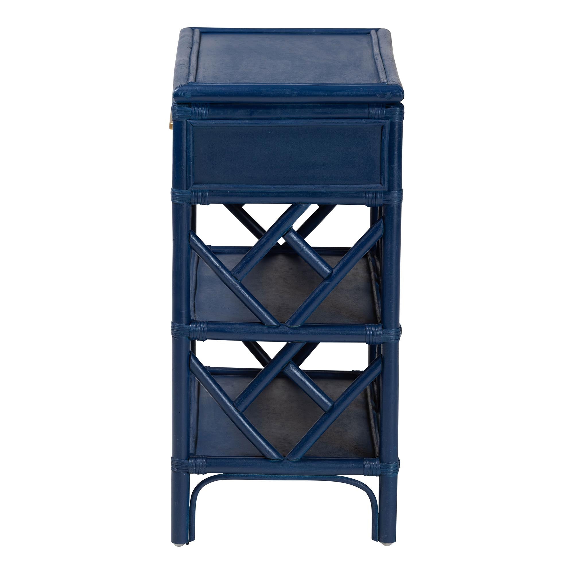 Daina Natural Rattan Nightstand with Drawer and Open Shelves- Coastal Bedside Table with Geometric Design, Blue