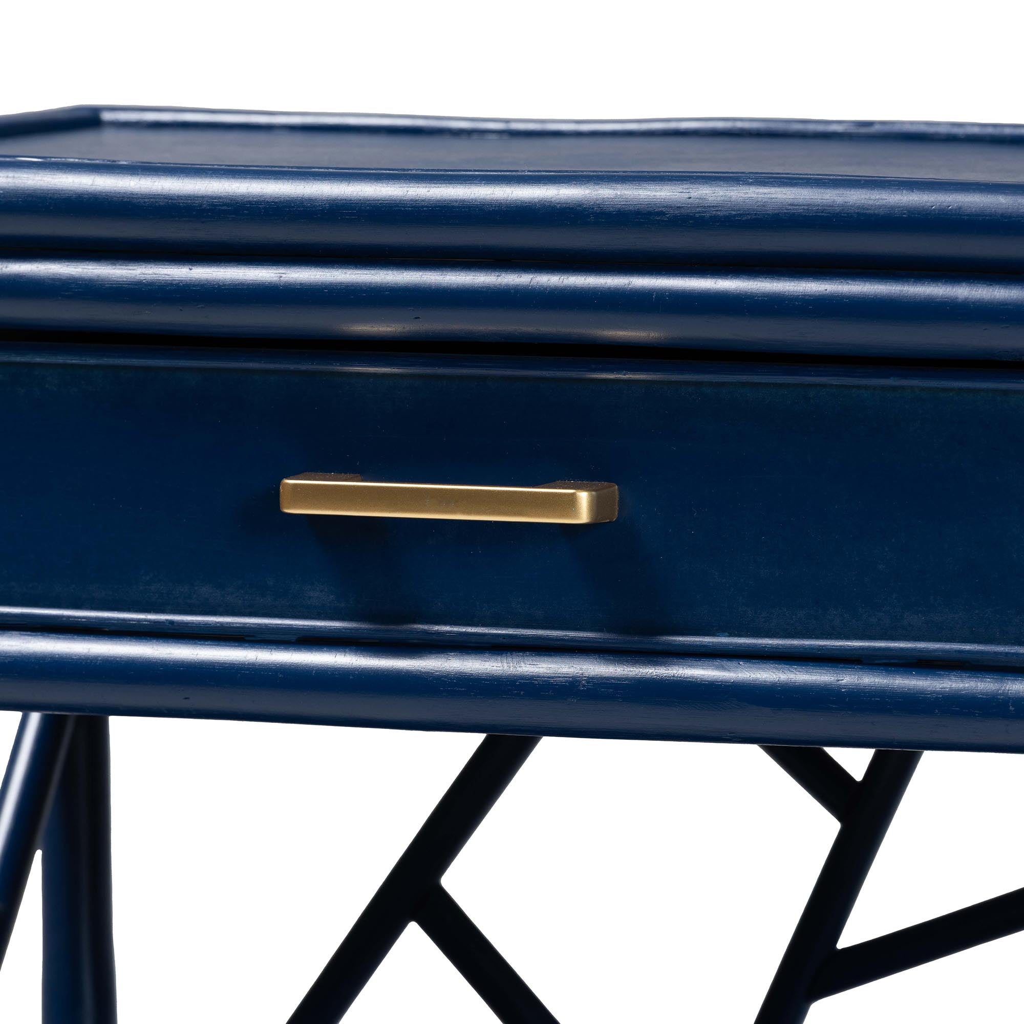 Daina Natural Rattan Nightstand with Drawer and Open Shelves- Coastal Bedside Table with Geometric Design, Blue