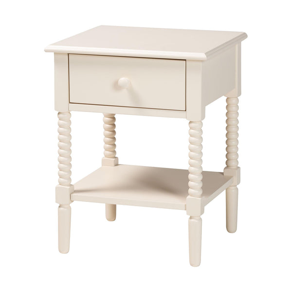 Braith Farmhouse Ivory Spindle Wood 1-Drawer Nightstand