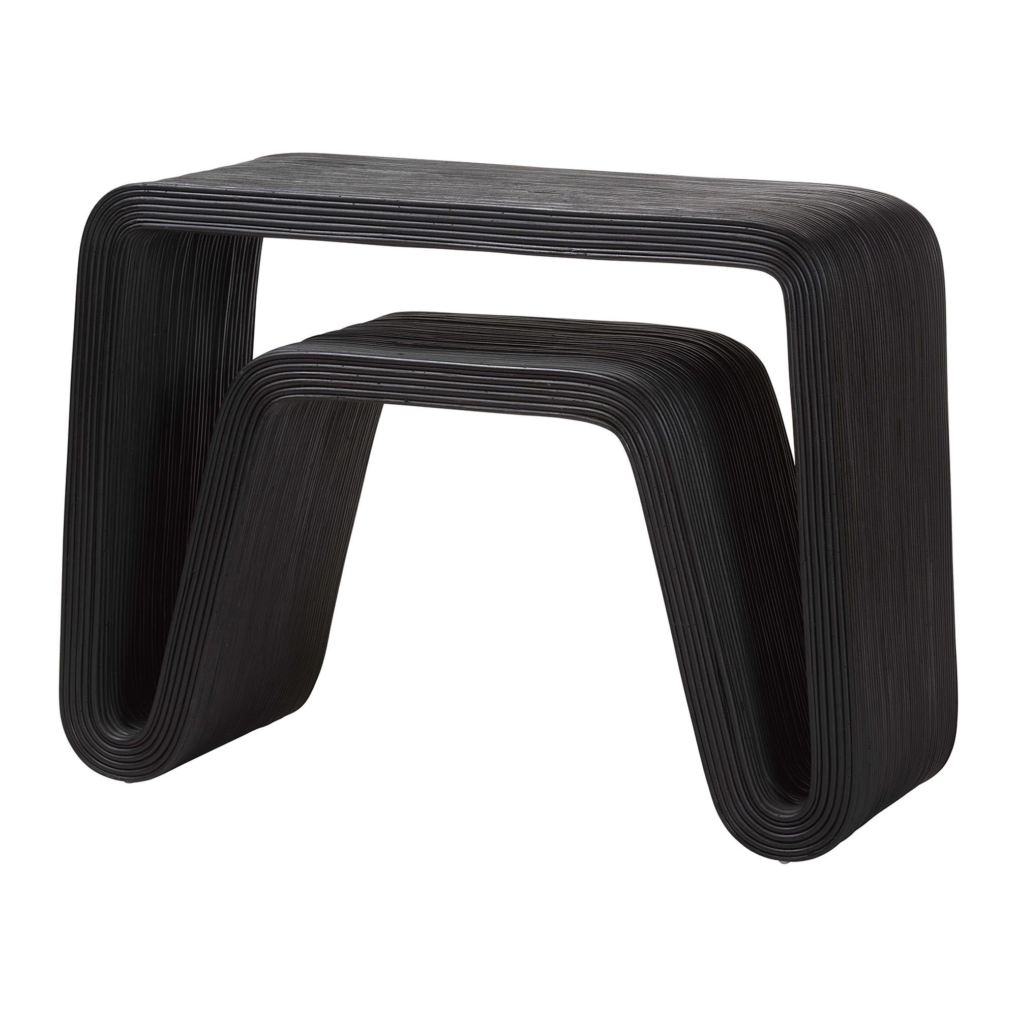 Abebi Black Rattan Console Table - Modern Accent Table with Waterfall Silhouette and Open Hairpin Legs, Boho Coastal Style for Entryway, Hallway, or Living Room