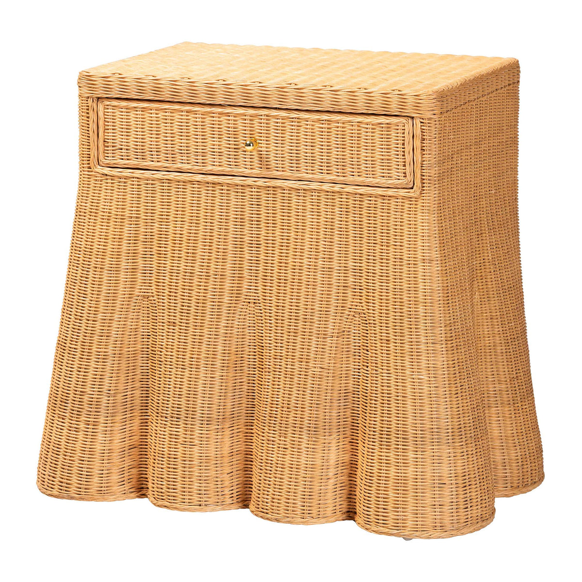 Chica Scalloped Natural Rattan Console Table with Drawer - Handwoven Wicker Accent Table with Flared Skirt, Coastal Boho Style for Entryway or Living Room, Rectangle