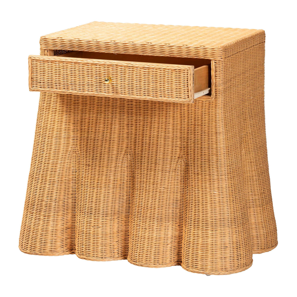 Chica Scalloped Natural Rattan Console Table with Drawer - Handwoven Wicker Accent Table with Flared Skirt, Coastal Boho Style for Entryway or Living Room, Rectangle