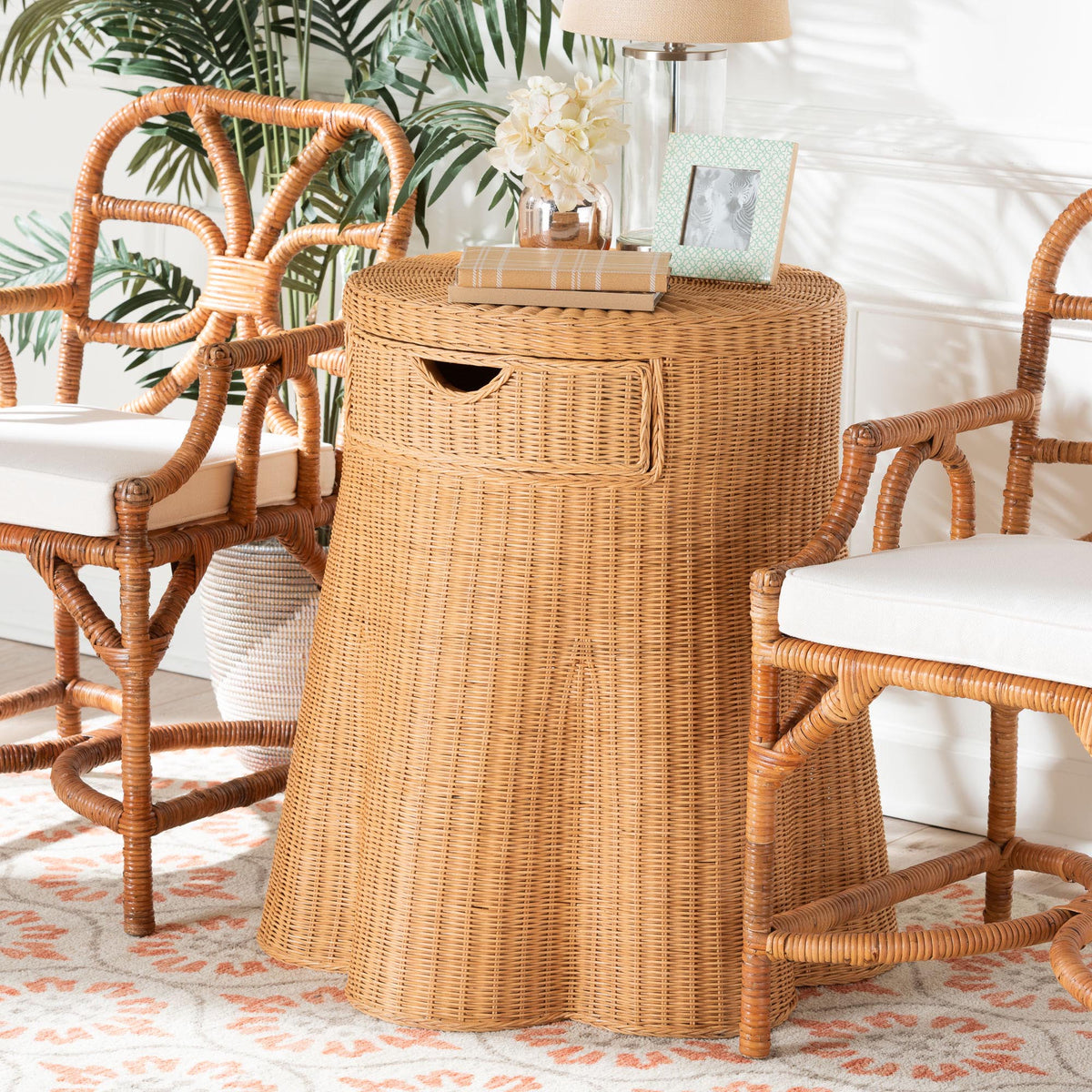 Dayo Scalloped Natural Rattan Console Table with Drawer - Handwoven Wicker Accent Table with Flared Skirt, Coastal Boho Style for Entryway or Living Room, Round