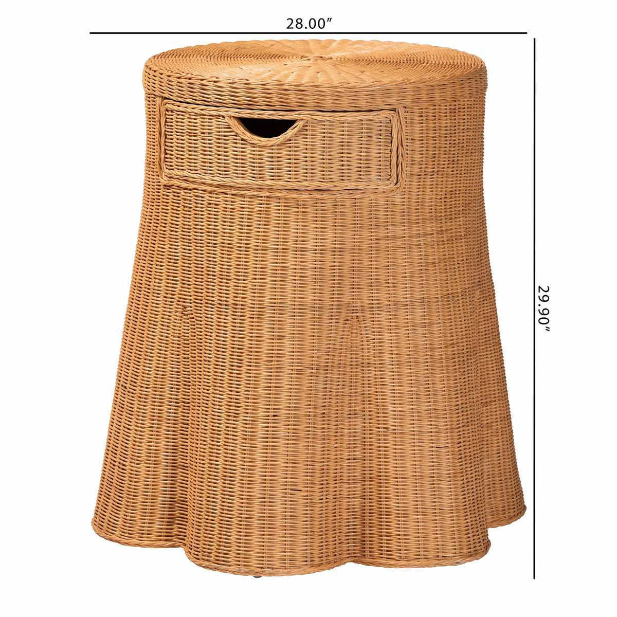 Dayo Scalloped Natural Rattan Console Table with Drawer - Handwoven Wicker Accent Table with Flared Skirt, Coastal Boho Style for Entryway or Living Room, Round