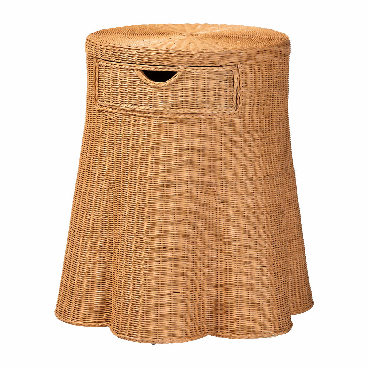Dayo Scalloped Natural Rattan Console Table with Drawer - Handwoven Wicker Accent Table with Flared Skirt, Coastal Boho Style for Entryway or Living Room, Round