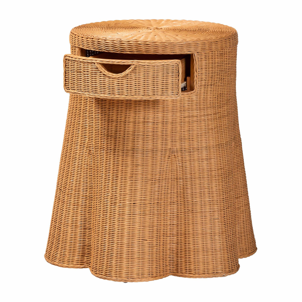 Dayo Scalloped Natural Rattan Console Table with Drawer - Handwoven Wicker Accent Table with Flared Skirt, Coastal Boho Style for Entryway or Living Room, Round
