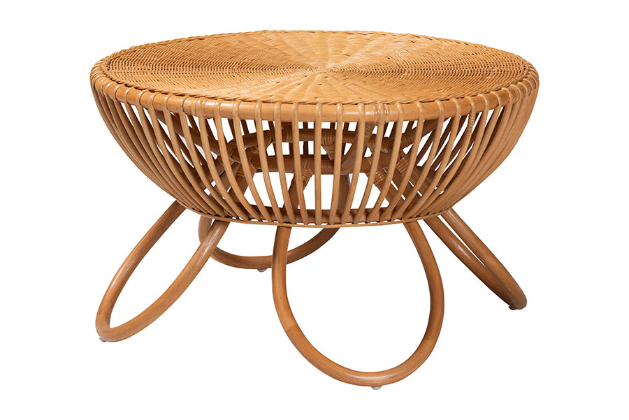 Abel Natural Rattan Coffee Table with Splayed Legs - Handcrafted Boho Accent Table, Light Honey