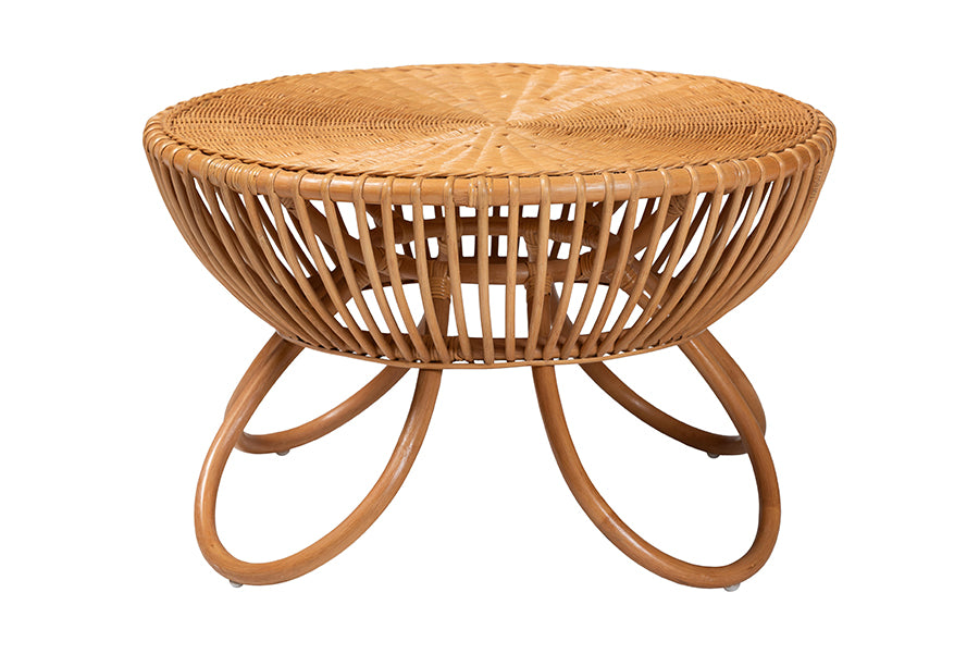 Abel Natural Rattan Coffee Table with Splayed Legs - Handcrafted Boho Accent Table, Light Honey