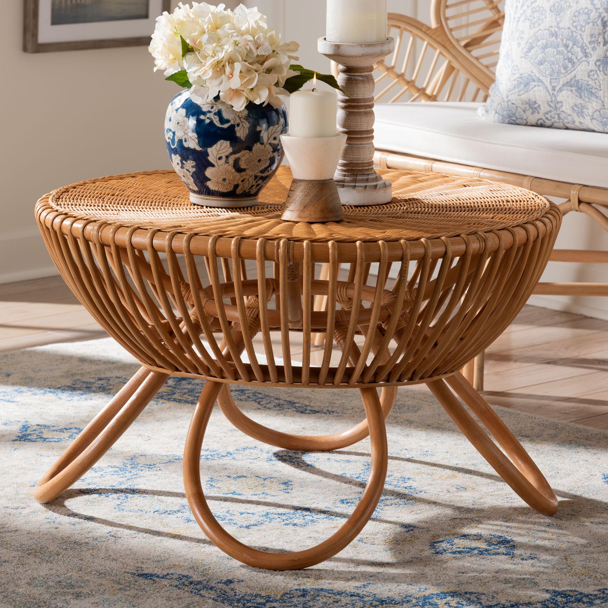 Abel Natural Rattan Coffee Table with Splayed Legs - Handcrafted Boho Accent Table, Light Honey