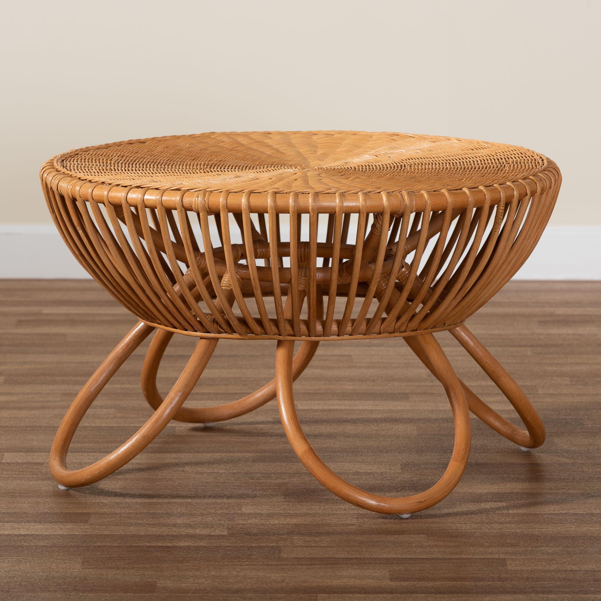 Abel Natural Rattan Coffee Table with Splayed Legs - Handcrafted Boho Accent Table, Light Honey