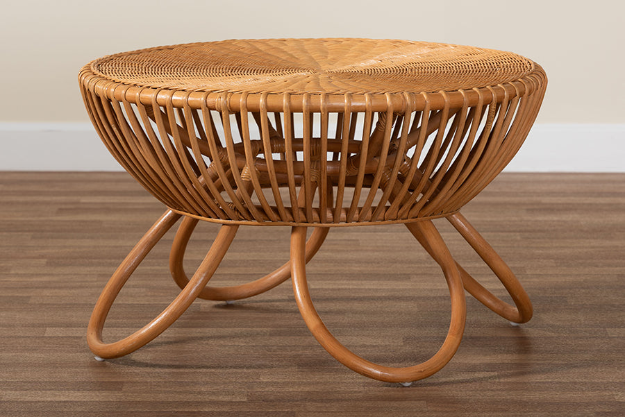 Abel Natural Rattan Coffee Table with Splayed Legs - Handcrafted Boho Accent Table, Light Honey