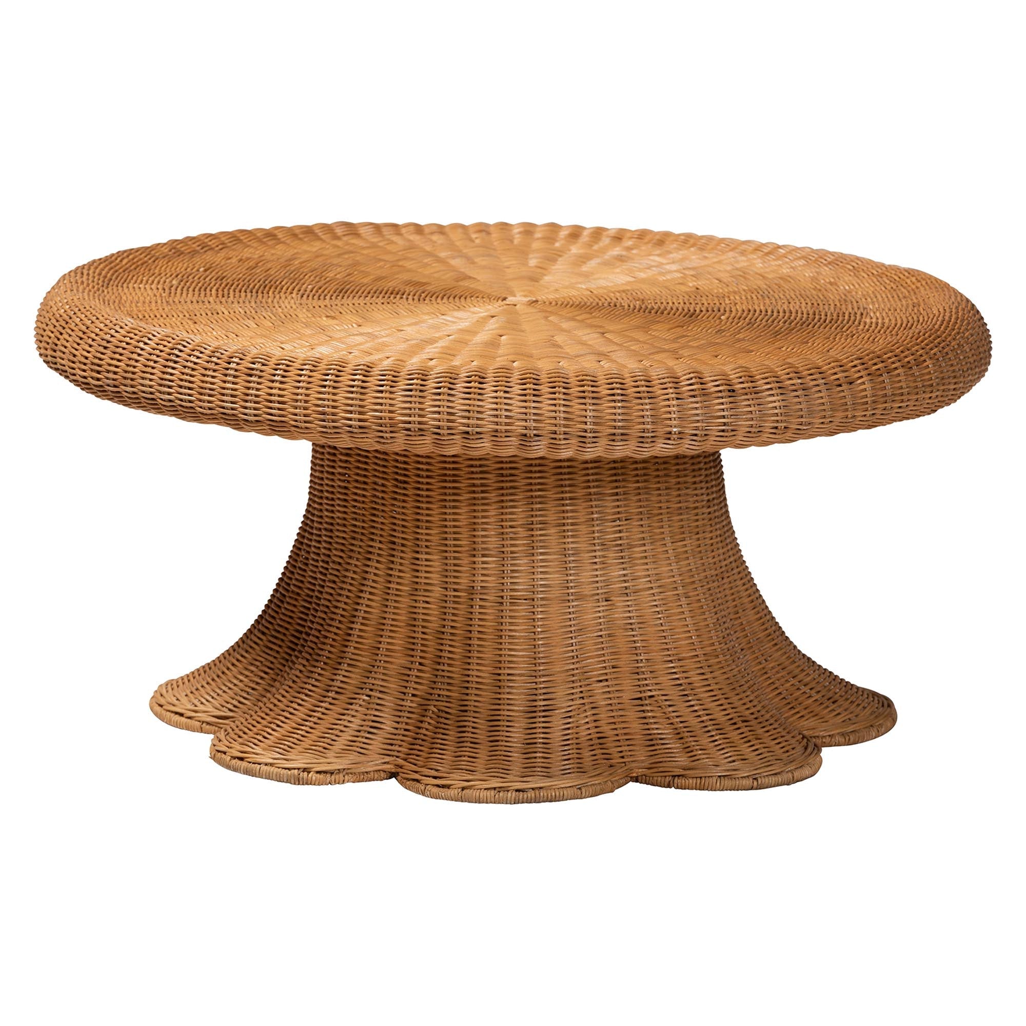 Avalon Natural Rattan Round Coffee Table with Scalloped Pedestal Base Coastal Boho Wicker Accent Table for Living Room or Sunroom