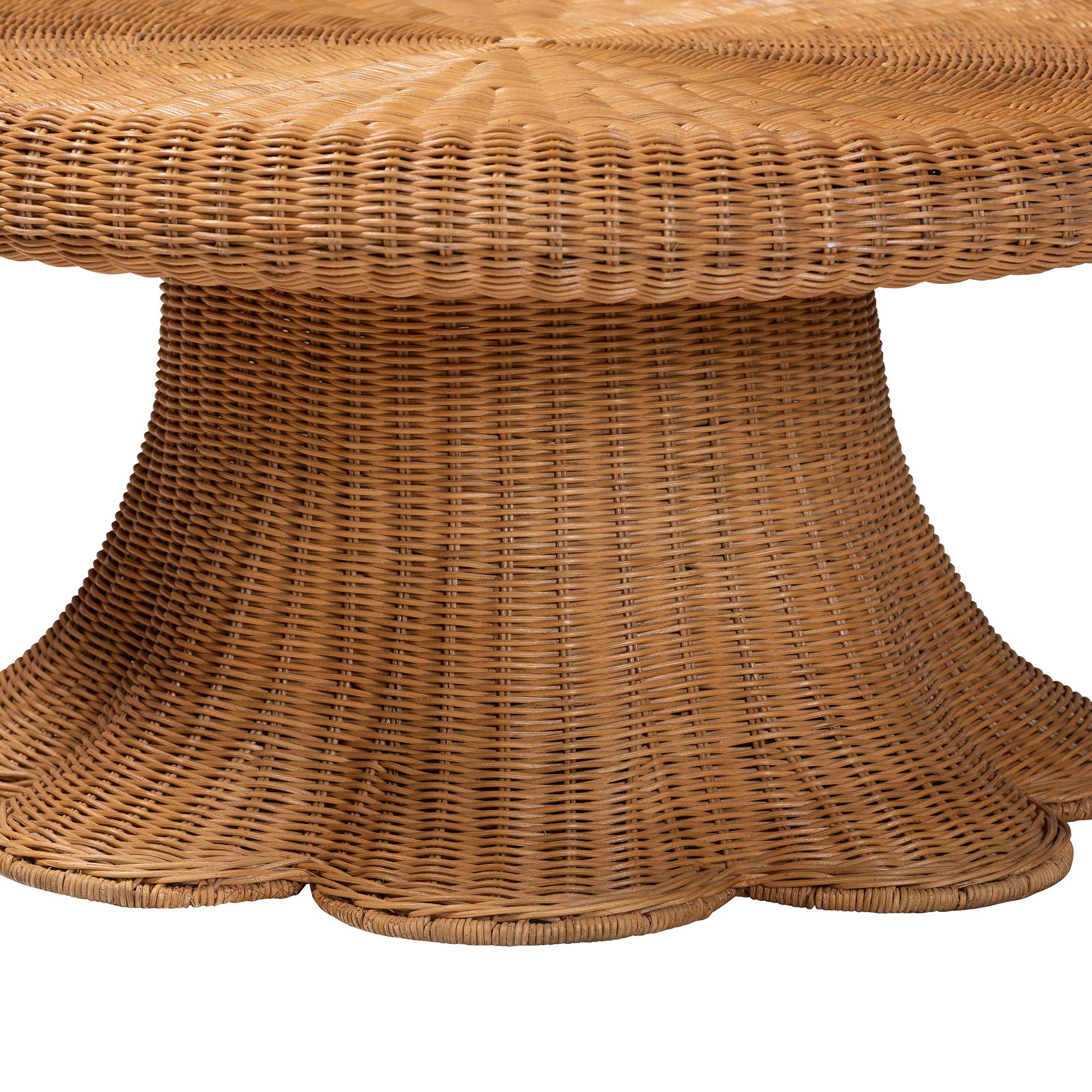 Avalon Natural Rattan Round Coffee Table with Scalloped Pedestal Base Coastal Boho Wicker Accent Table for Living Room or Sunroom
