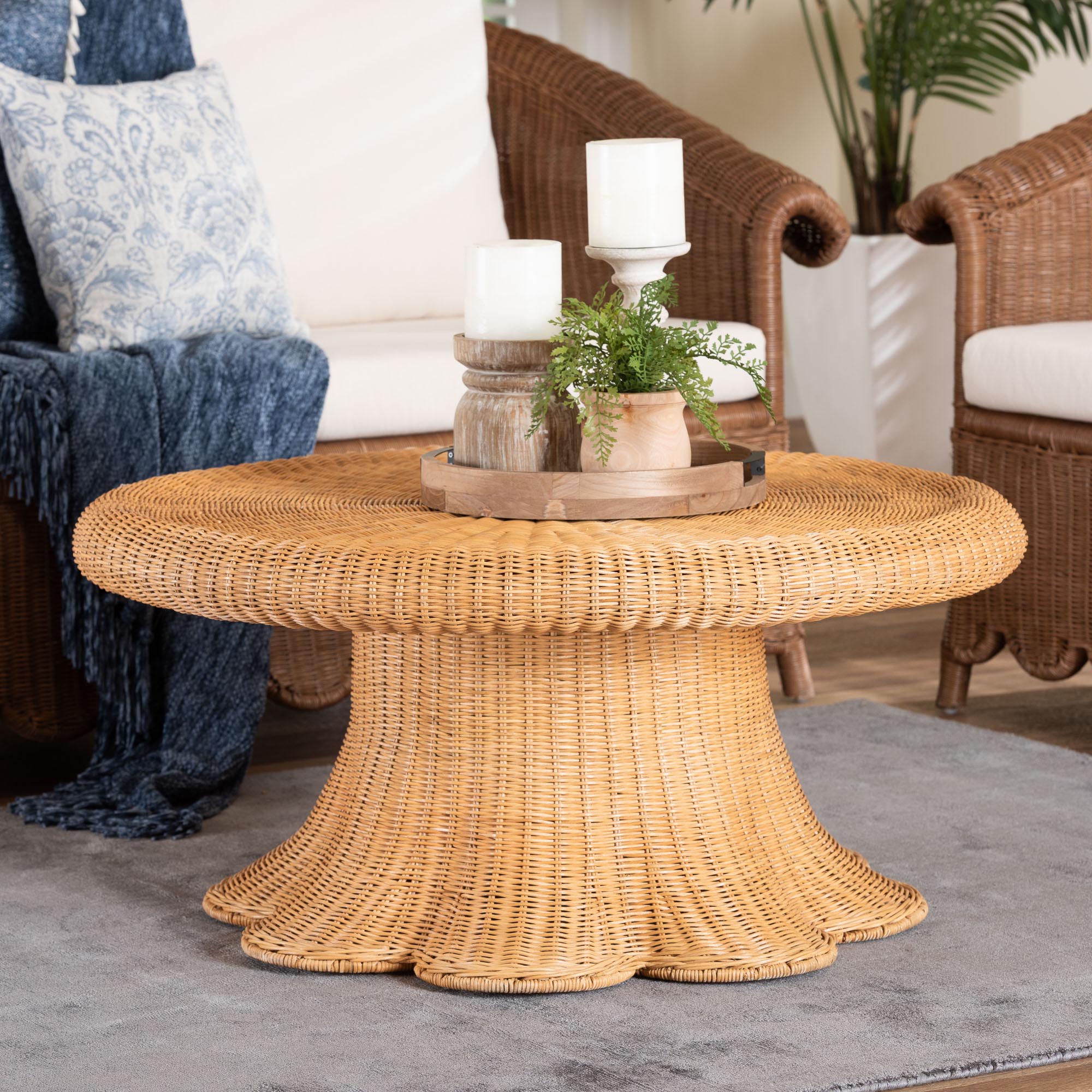 Avalon Natural Rattan Round Coffee Table with Scalloped Pedestal Base Coastal Boho Wicker Accent Table for Living Room or Sunroom