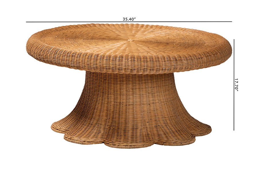 Avalon Natural Rattan Round Coffee Table with Scalloped Pedestal Base Coastal Boho Wicker Accent Table for Living Room or Sunroom