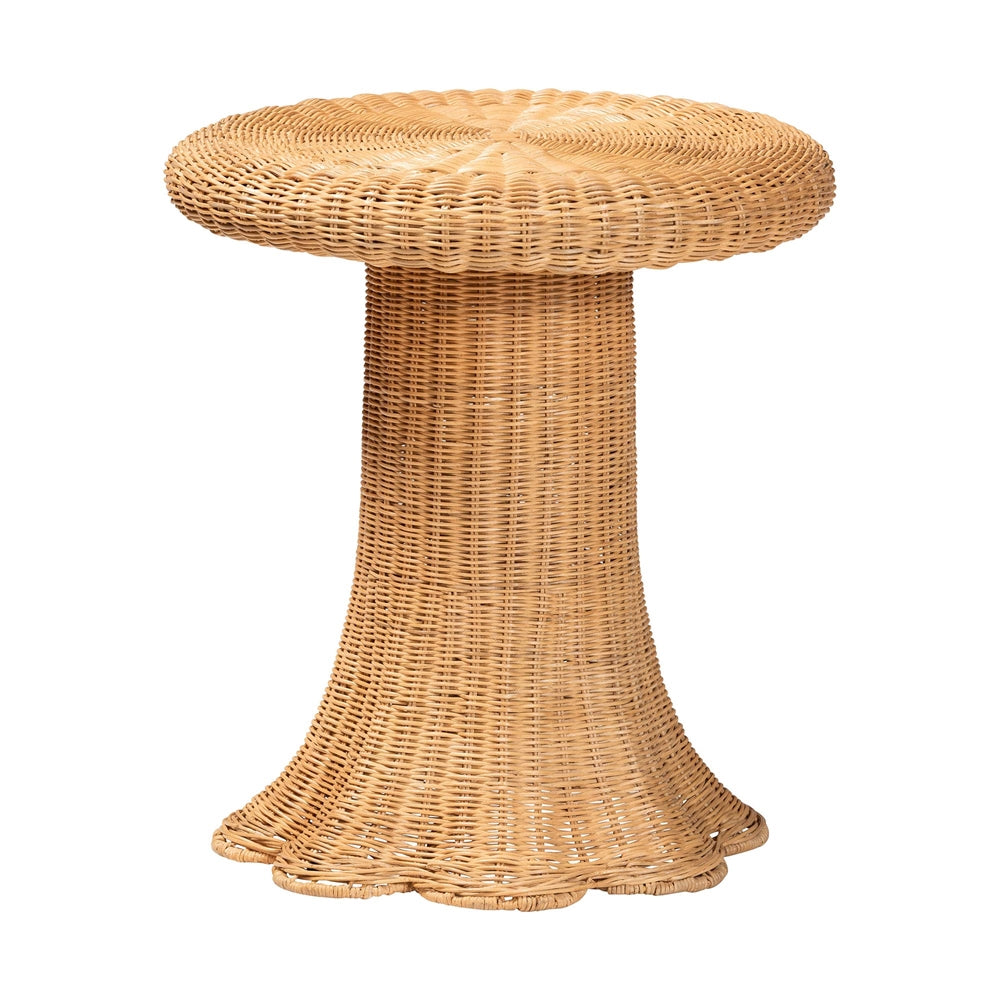 Avalon Scallop Natural Rattan Pedestal Side Table - Round Handwoven Wicker Accent Table with Skirted Base, Boho Coastal Style Furniture for Living Room, Hallway or Sunroom