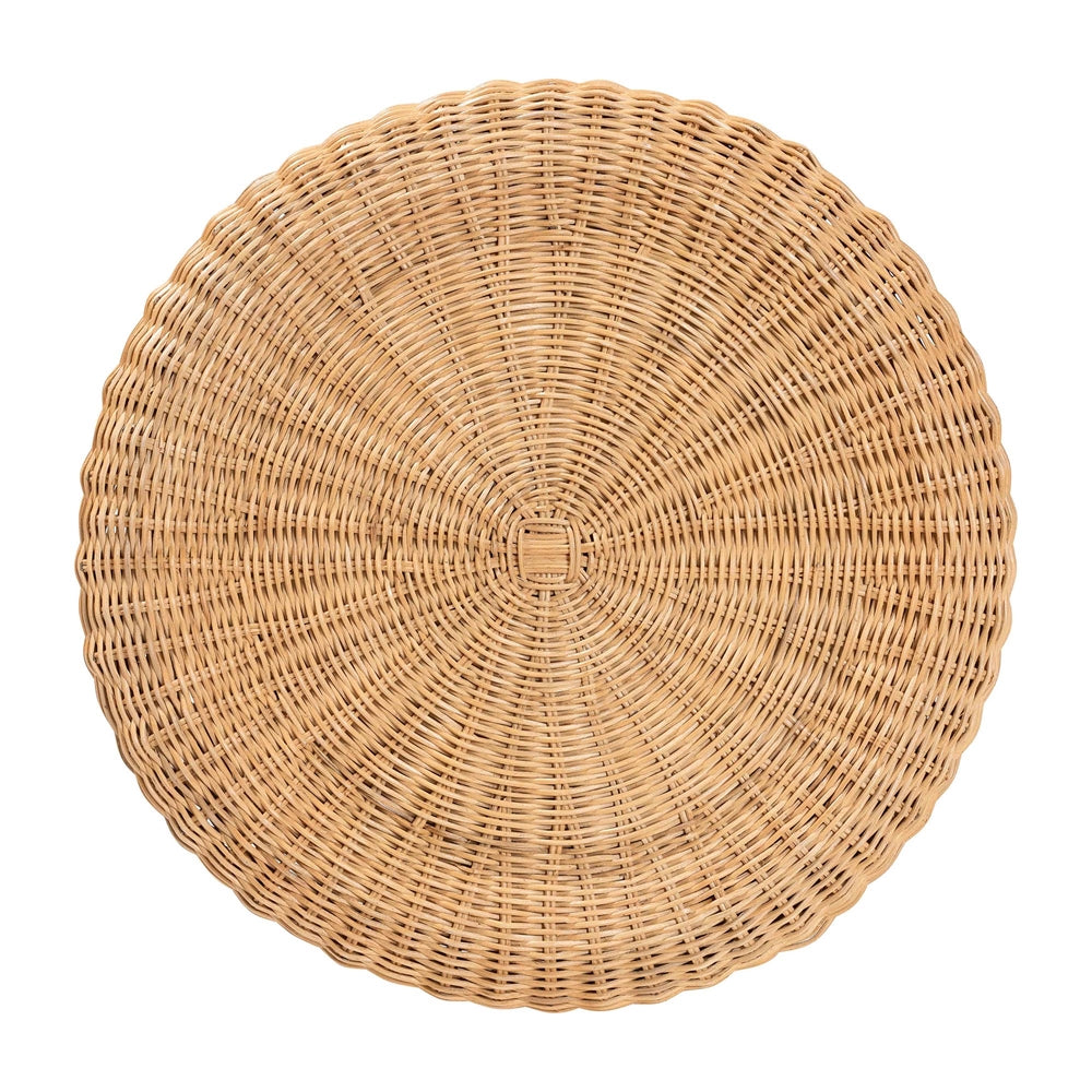 Avalon Scallop Natural Rattan Pedestal Side Table - Round Handwoven Wicker Accent Table with Skirted Base, Boho Coastal Style Furniture for Living Room, Hallway or Sunroom