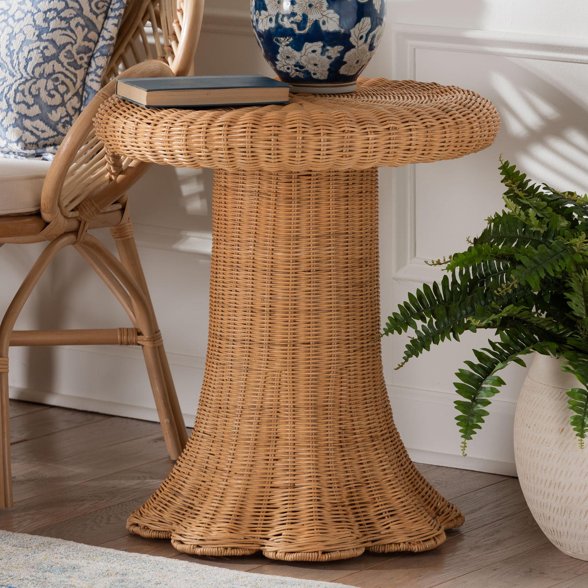 Avalon Scallop Natural Rattan Pedestal Side Table - Round Handwoven Wicker Accent Table with Skirted Base, Boho Coastal Style Furniture for Living Room, Hallway or Sunroom
