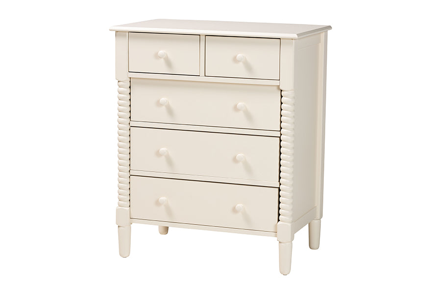 Braith Farmhouse Ivory Spindle Wood 5-Drawer Chest