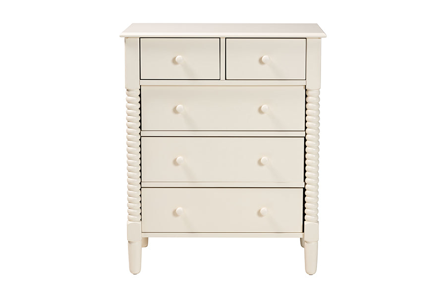 Braith Farmhouse Ivory Spindle Wood 5-Drawer Chest