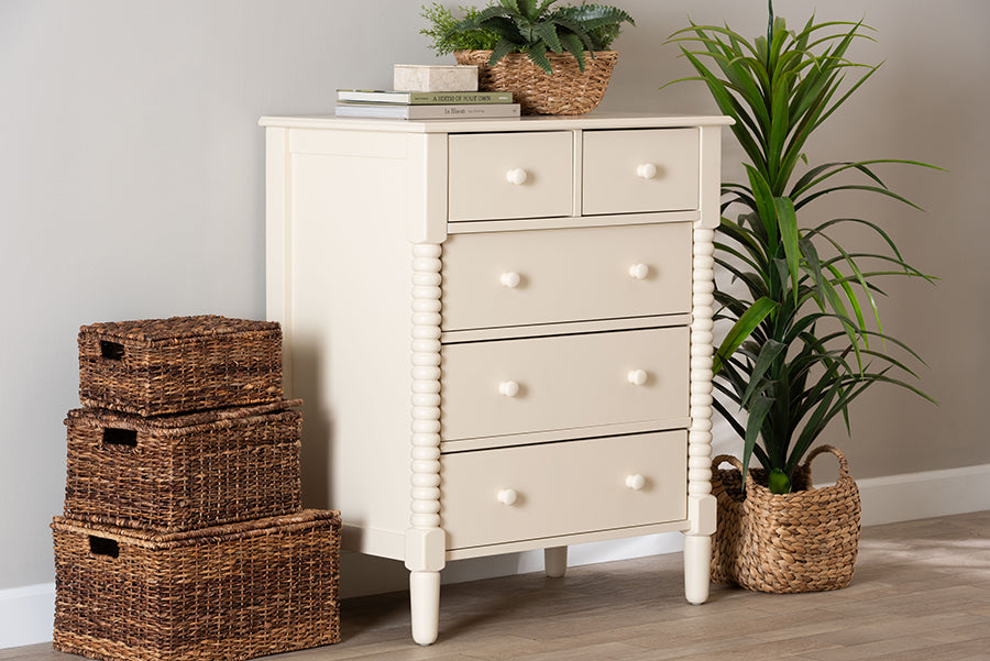 Braith Farmhouse Ivory Spindle Wood 5-Drawer Chest
