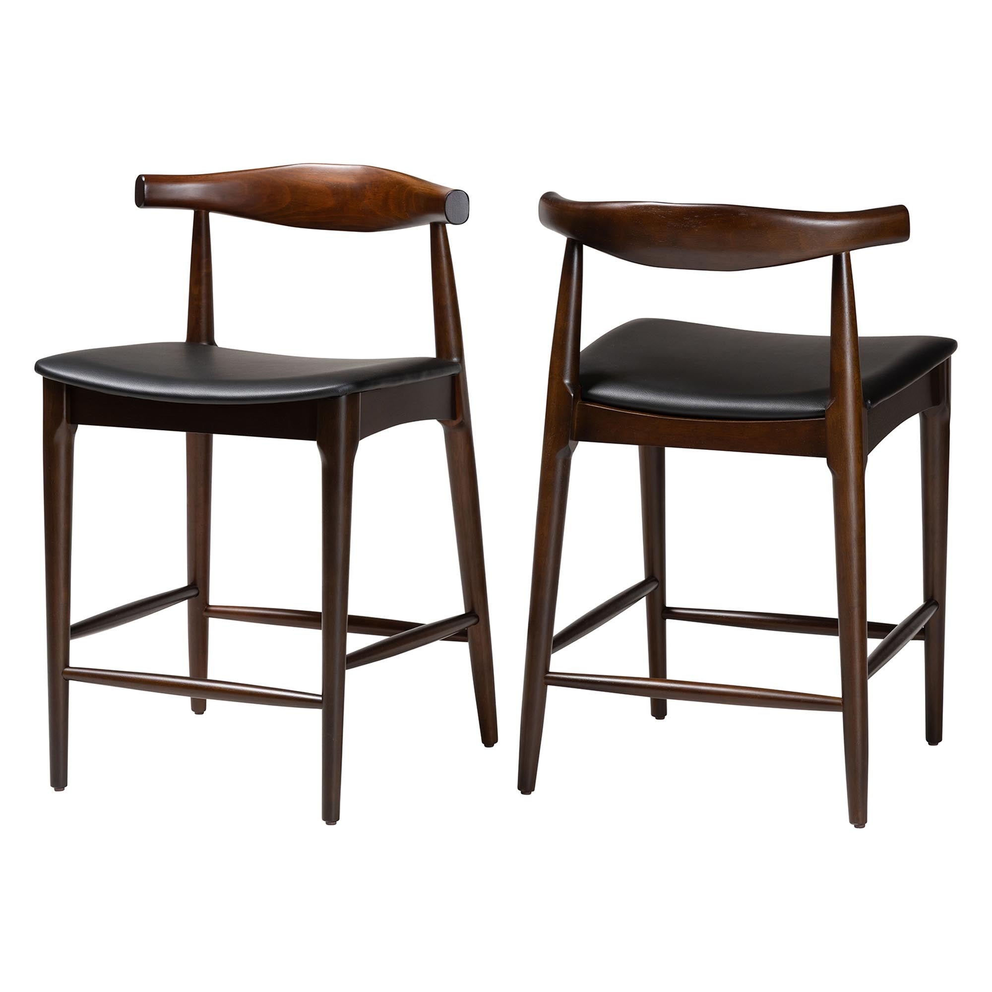 Baxton Studio Eira Counter Stool Set of 2- Walnut Wood Frame Counter-height Chair with Curved Backrest and Black Faux Leather Seat, Mid-Century Modern Kitchen Island Seating
