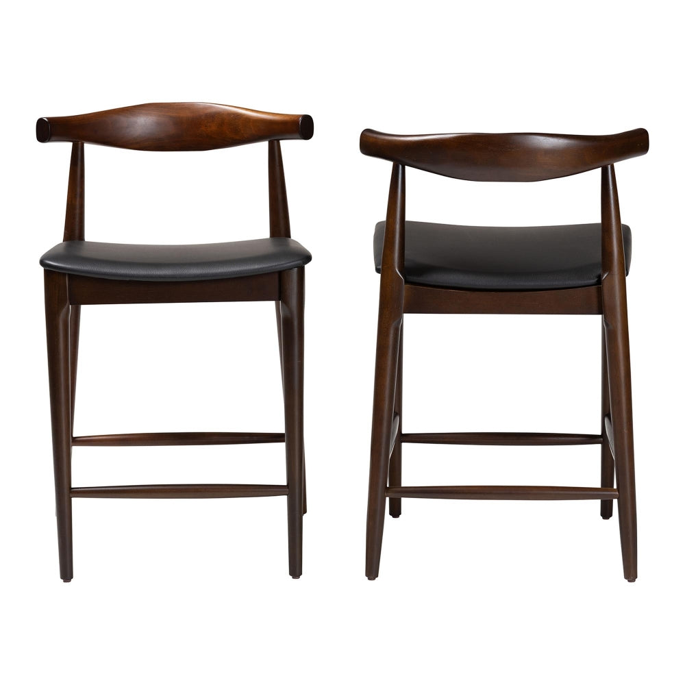 Eira Counter Stool Set of 2- Walnut Wood Frame Counter-height Chair with Curved Backrest and Black Faux Leather Seat, Mid-Century Modern Kitchen Island Seating