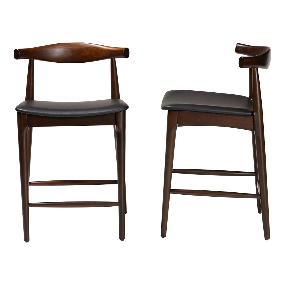 Eira Counter Stool Set of 2- Walnut Wood Frame Counter-height Chair with Curved Backrest and Black Faux Leather Seat, Mid-Century Modern Kitchen Island Seating