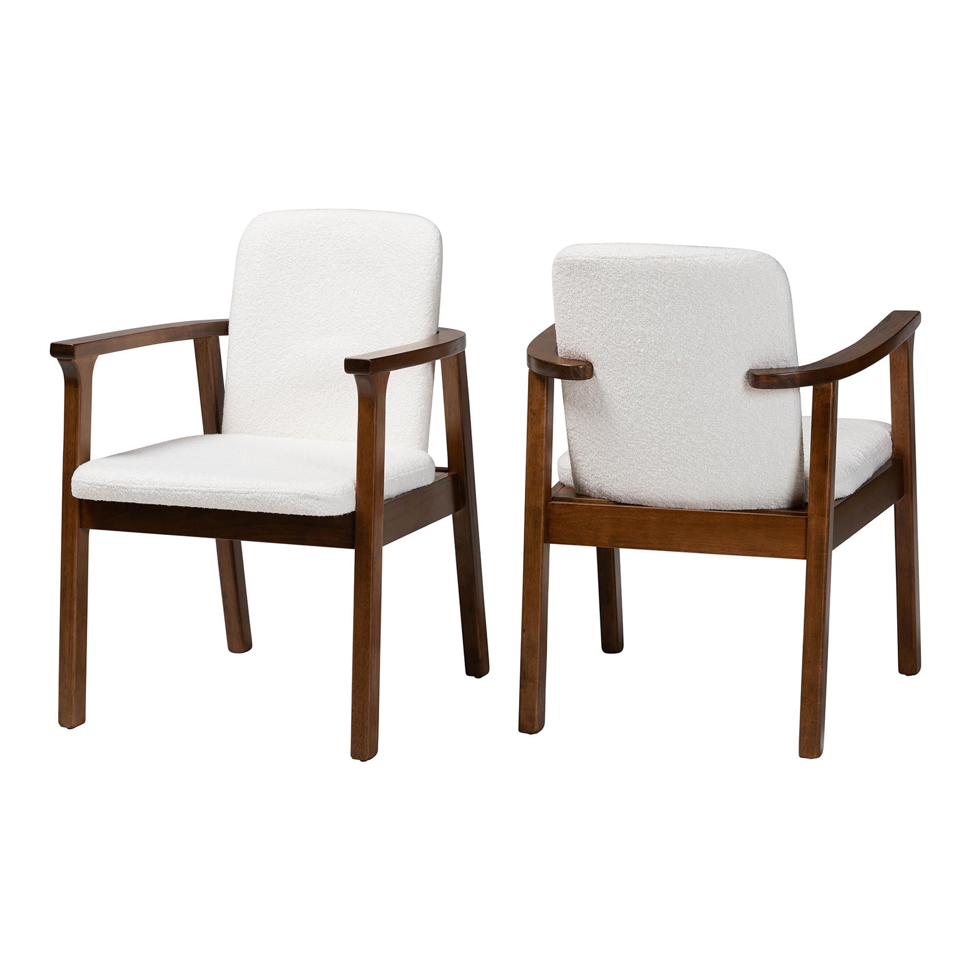 Miyagi Boucle Upholstered Dining Chair Set of 2- Mid-Century Modern Armchair with Solid Wood Frame and Rounded Backrest, Walnut Brown and White