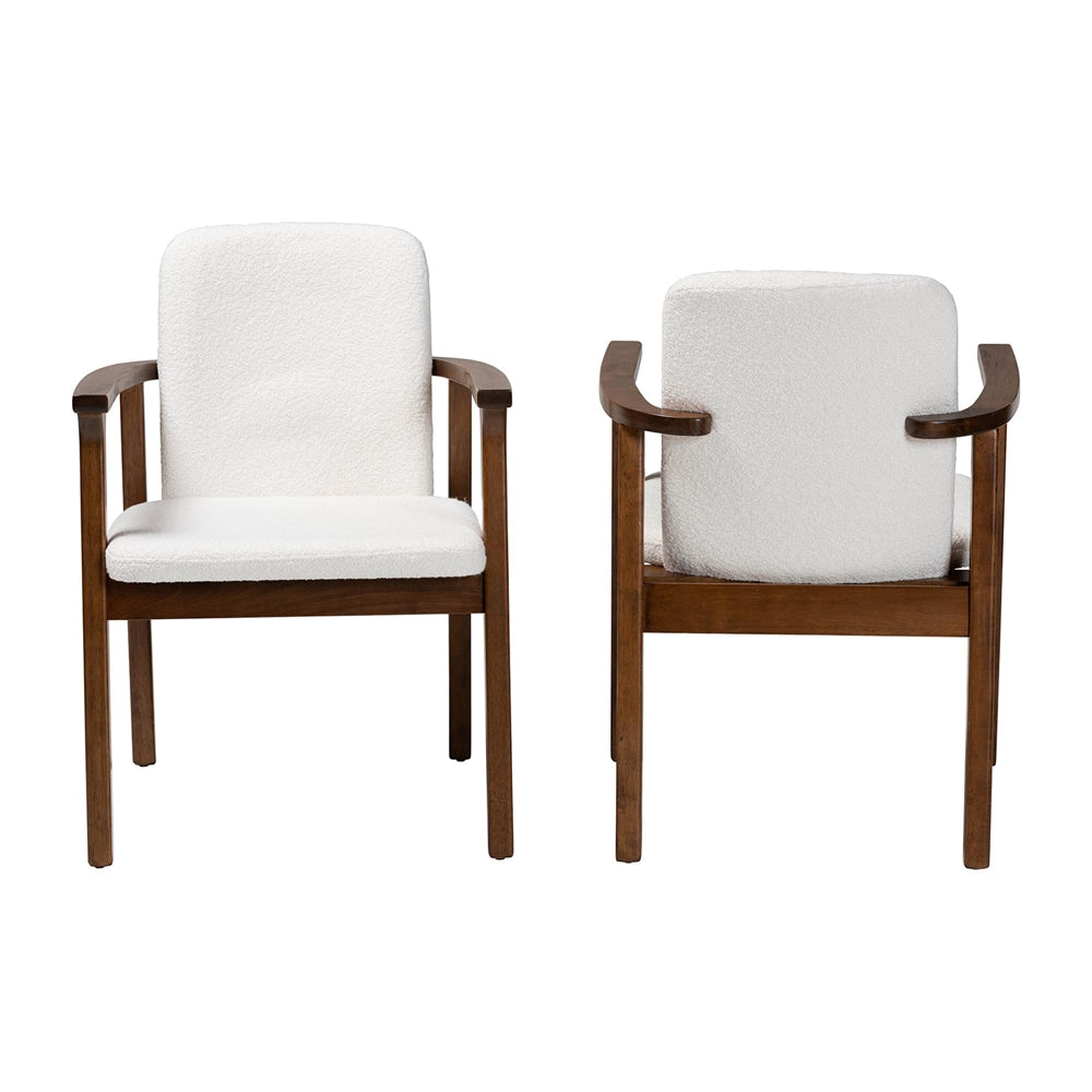Miyagi Boucle Upholstered Dining Chair Set of 2- Mid-Century Modern Armchair with Solid Wood Frame and Rounded Backrest, Walnut Brown and White