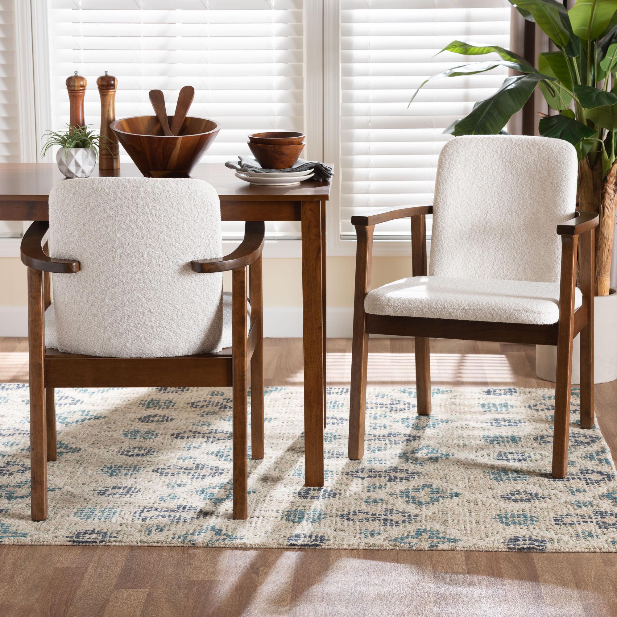 Miyagi Boucle Upholstered Dining Chair Set of 2- Mid-Century Modern Armchair with Solid Wood Frame and Rounded Backrest, Walnut Brown and White