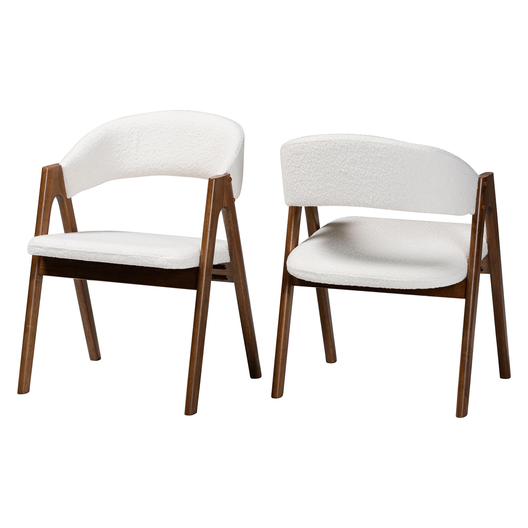 Baxton Studio Virden Boucle Upholstered Dining Chair Set of 2- Mid-Century Modern Armchair with Solid Wood Frame and Curved Open-Back Design, Walnut Brown and White