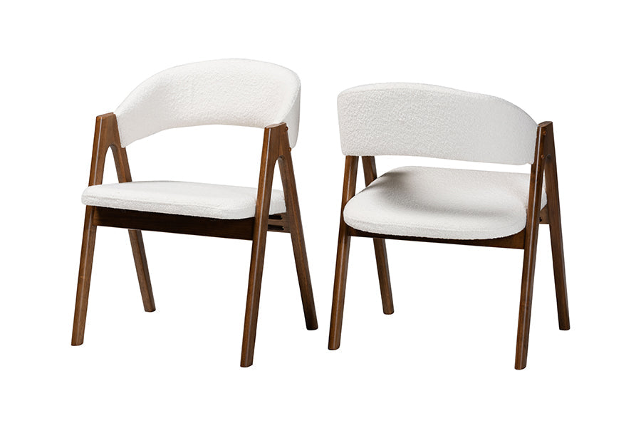 Virden Boucle Upholstered Dining Chair Set of 2- Mid-Century Modern Armchair with Solid Wood Frame and Curved Open-Back Design, Walnut Brown and White